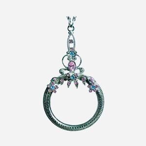 Magnifying Glass Pink Blue Rhinestone Accented Silver Tone Chain Necklace